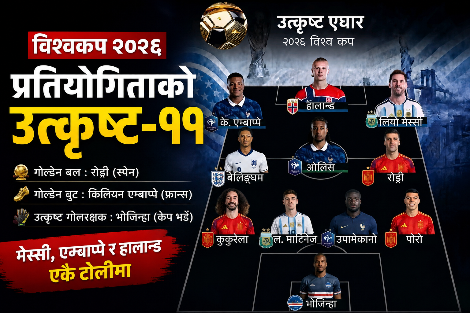 विश्वकप २०२६ को उत्कृष्ट–११ सार्वजनिक, मेस्सी, एम्बाप्पे र रोड्री टोलीमा