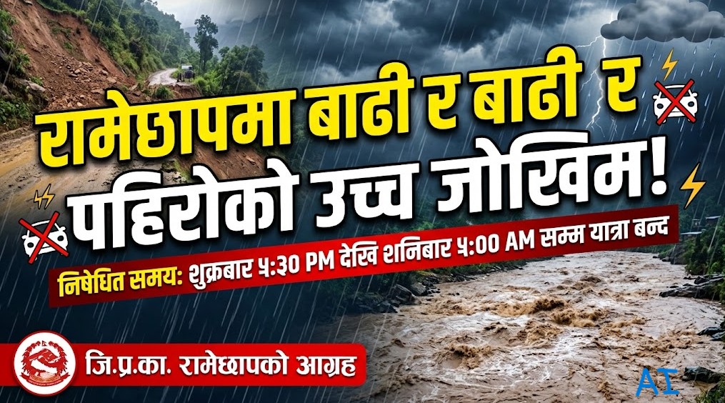 रामेछापमा बाढी-पहिरोको उच्च जोखिम: रातको समयमा यात्रा नगर्न प्रशासनको अपिल